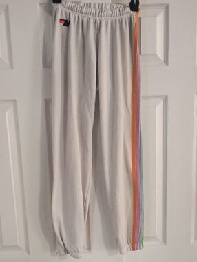 Aviator Nation 5 Stripe Sweatpants in White Pastel Rainbow Stripes Size XS